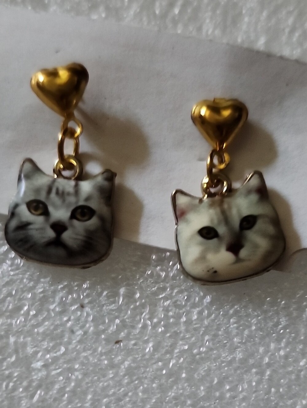 Hand Crafted Gold Heart Cat Face Drop Earrings with White and Gray Cats
